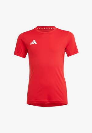 T-shirt de sport rouge à manches courtes avec col rond et logo blanc sur le côté droit de la poitrine, présenté sur un fond blanc uni.