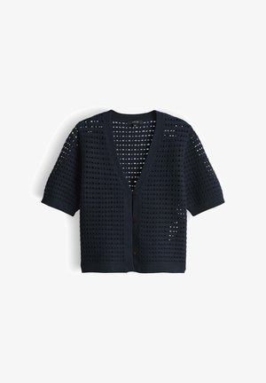 Short-sleeve navy blue crochet knit cardigan with button front and V-neck collar.