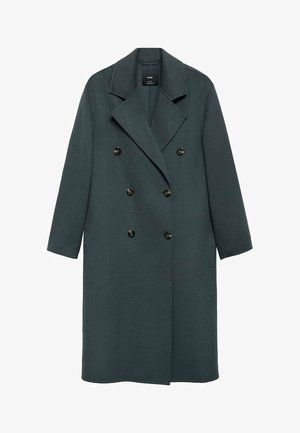 Long, dark green double-breasted coat with a notched collar, made from textured fabric; features large black buttons and straight cut.