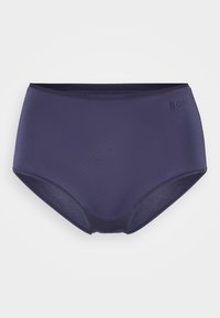 Marineblauwe high-waisted slips gemaakt van een gladde, rekbare stof. Voorzien van logo-detail op de tailleband en een eenvoudig, naadloos ontwerp.