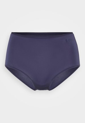 Navy blue high-waisted briefs made of smooth, stretchy fabric. Features logo detail on the waistband and a simple, seamless design.