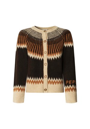 Knit cardigan featuring a round neck, button front, zigzag pattern in brown, beige, and orange tones, with "PEPE" logo in brown.