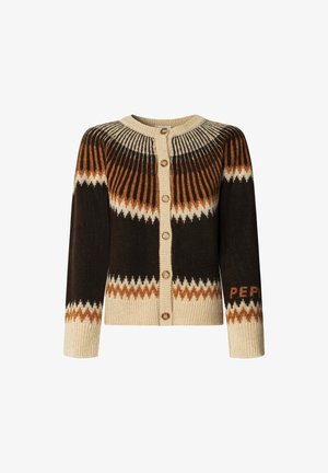 Gilet en tricot avec col rond, fermeture à boutons, motif en zigzag dans des tons marron, beige et orange, avec le logo "PEPE" en marron.