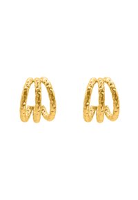 Orecchini a cerchio in oro con una finitura martellata e un design a doppio anello, che mette in mostra superfici lucide e irregolari.