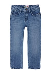 Jean en denim avec un délavage bleu clair, design à jambes droites, style cinq poches et coutures marron. Comprend une fermeture à bouton et une taille élastique.