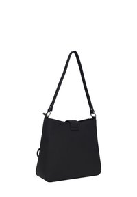 Borsa a tracolla sintetica nera con forma strutturata, un'unica tracolla, chiusura a patta frontale e dettagli di design minimalisti.