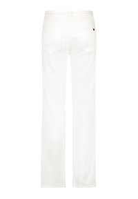 Jeans blancos de pierna recta con una textura suave, que cuentan con un clásico diseño de cinco bolsillos y una cinturilla elástica para mayor comodidad.