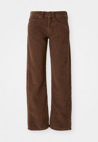 Bruine corduroy wijde broek met textuurstof, voorzakken, metalen knoopsluiting en riemlussen.