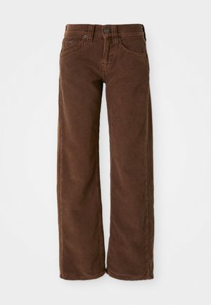 Pantalons en velours côtelé marron à jambes larges avec un tissu texturé, poches avant, fermeture à bouton en métal et passants de ceinture.