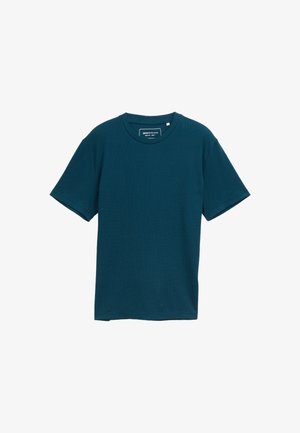 Teal katoenen t-shirt met een ronde hals, korte mouwen en een gladde textuur. Heeft een label aan de binnenkant van de kraag.
