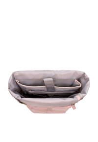 Borsa rosa chiaro con interno grigio, dotata di numerosi scomparti, una tracolla e chiusure con zip per un'organizzazione ottimale.