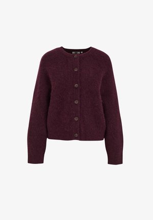 Burgundy, textured cardigan with long sleeves and a round neckline, featuring seven dark buttons down the front. Soft, fuzzy material.