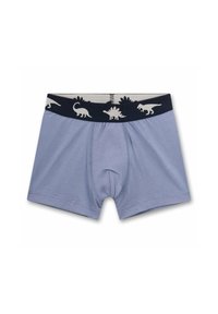 Hellblaue Baumwoll-Boxershorts mit marineblauem Bund, der weiße Dinosauriermuster zeigt, darunter einen Stegosaurus und einen T-Rex.