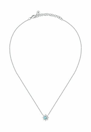 Collana d'argento con una delicata catena, caratterizzata da un pendente centrale a forma di stella. Il pendente presenta un gemma blu chiaro circondata da accenti trasparenti.