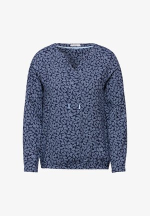 Mörkblå långärmad topp med vitt snurrande bladmönster, V-ringning och avslappnad passform. Tillverkad av lätt och andningsbart tyg.