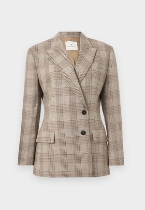 Blazer de cuadros beige con solapas con muesca, dos botones negros, bolsillos con solapa y un corte estructurado y entallado.
