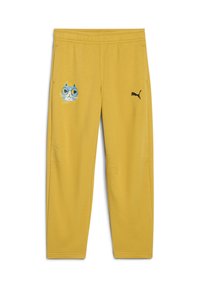 Gule træningsbukser med et blåt kattegrafik på venstre lår, sort Puma-logo på højre, og en glat, strækbar tekstur.
