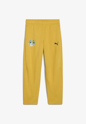 Žute sportske hlače s plavom mačkom na lijevom bedru, crnim Puma logotipom na desnoj strani i glatkom, rastezljivom teksturom.