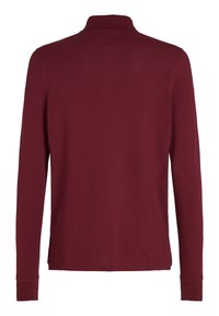 Long-sleeve burgundy polo shirt with ribbed collar and cuffs shown from the back on a white background.