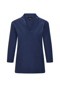 Marineblaue, langärmlige Bluse mit V-Ausschnitt. Hergestellt aus weichem Stoff, verfügt sie über eine lockere Passform und saubere Säume. Keine Muster oder Akzente.