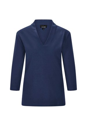 Marineblaue, langärmlige Bluse mit V-Ausschnitt. Hergestellt aus weichem Stoff, verfügt sie über eine lockere Passform und saubere Säume. Keine Muster oder Akzente.