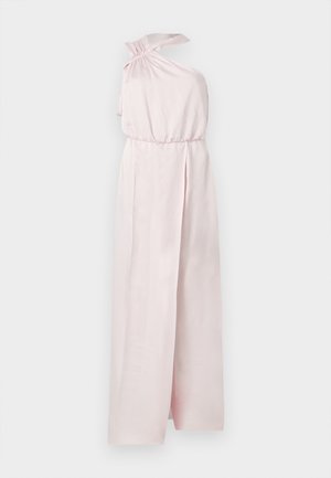 Light pink sleeveless jumpsuit with high waist, one-shoulder tie detail, and wide-leg pants.