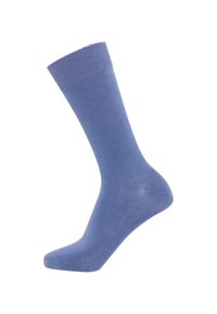 Blue cotton sock with a ribbed cuff, mid-calf length, smooth texture, and a rounded toe design. No visible patterns or accents.