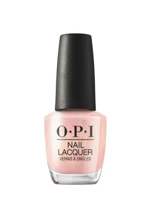 Flacon de vernis à ongles OPI dans une teinte rose pâle avec un bouchon noir et texte du produit sur l'étiquette frontale.
