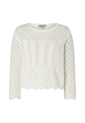 Weißer langärmliger Strickpullover mit spitzenähnlichen Diamantmustern und gezacktem Saum, Größe 36 von der Marke More & More.