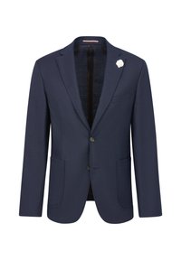 Blazer texture blu navy con due tasche frontali, due bottoni e un accento floreale bianco sulla revers. Il colletto aperto rivela un interno scuro.