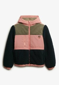 Roze, olijfgroene en marineblauwe hoodie met een mix van geweven, corduroy en zachte texturen; bevat een ritssluiting aan de voorkant en een logo patch.