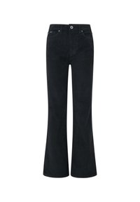 Pantalones de pana negra acampanados con una textura suave, cinco bolsillos y una cintura estándar, que cuentan con un cierre de botón y detalles de costura sutiles.