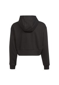 Svart kort hoodie med dragsko i huvan, ribbade muddar och fåll samt en slät textur. Inga synliga logotyper eller mönster.