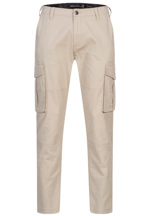 Pantalons cargo beiges avec plusieurs poches latérales, fabriqués en coton doux. Caractéristiques : passants de ceinture, bouton et coupe droite.