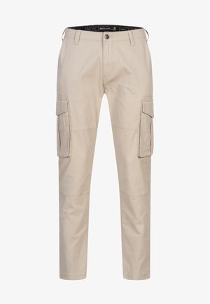 Beige Cargo-Hosen mit mehreren Seitentaschen, aus weichem Baumwollstoff gefertigt. Mit Gürtelschlaufen, einem Knopf und geradem Bein geschnitten.