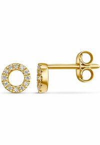 Boucles d'oreilles en or avec un design circulaire orné de pierres claires étincelantes, affichant une finition lisse et un arrière sécurisant.