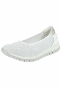 Scarpa slip-on grigia e bianca con tomaia texturizzata, collo imbottito e suola in gomma flessibile con un motivo antiscivolo.