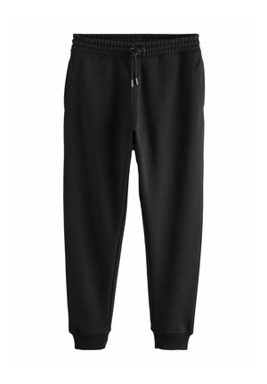 Pantalones de chándal negros hechos de material suave, con una cinturilla elástica ajustable con cordón, piernas ajustadas y puños acanalados en los tobillos.