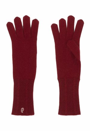 Gants en laine rouge avec un design à cinq doigts, poignets côtelés et texture tricotée. Présente un logo subtil sur le poignet.