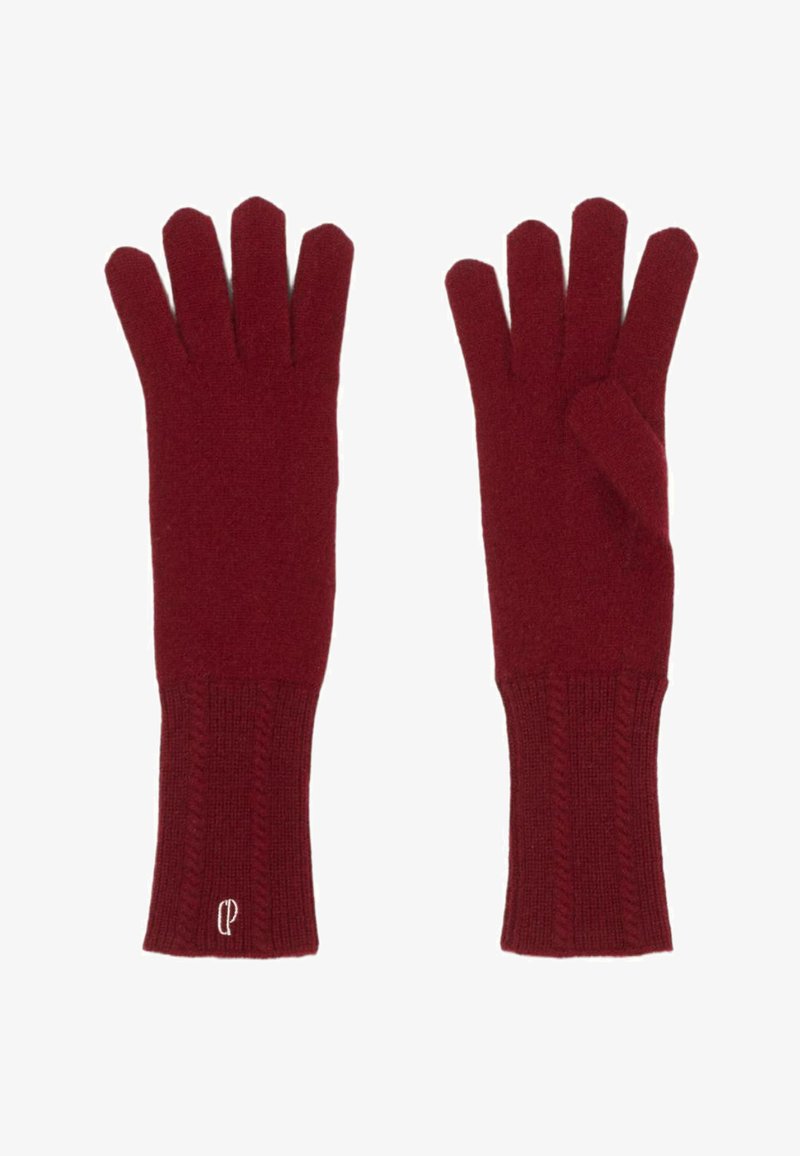 Guantes de lana roja con diseño de cinco dedos, puños acanalados en la muñeca y textura de punto. Presenta un sutil logo en el puño.