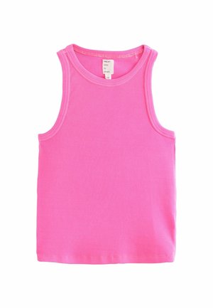 Débardeur en coton de couleur rose vif, sans manches, avec une texture côtelée et un col rond. Présente des ourlets cousus et aucune autre embellissement.