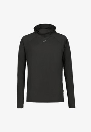 Zwarte hoodie met lange mouwen, hoge kraag en een klein reflecterend "R"-logo in het midden van de borst.