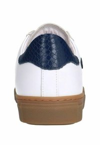White sneaker with blue faux snake skin accents, a round toe, rubber sole, and rear tab; features stitching and a textured heel counter.