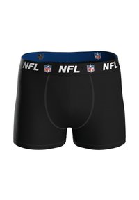 Czarne bokserki z niebieskim wnętrzem, z białym logo NFL na pasku w talii. Gładki materiał z płaskimi szwami i dopasowanym krojem.