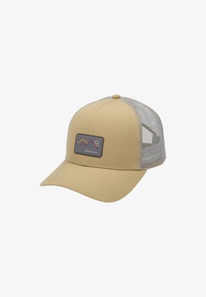 Khaki baseballová čiapka s ohnutým okrajom; sieťovaná zadná časť; centrálne umiestnená nášivka s pestrým dizajnom hory a logom značky.