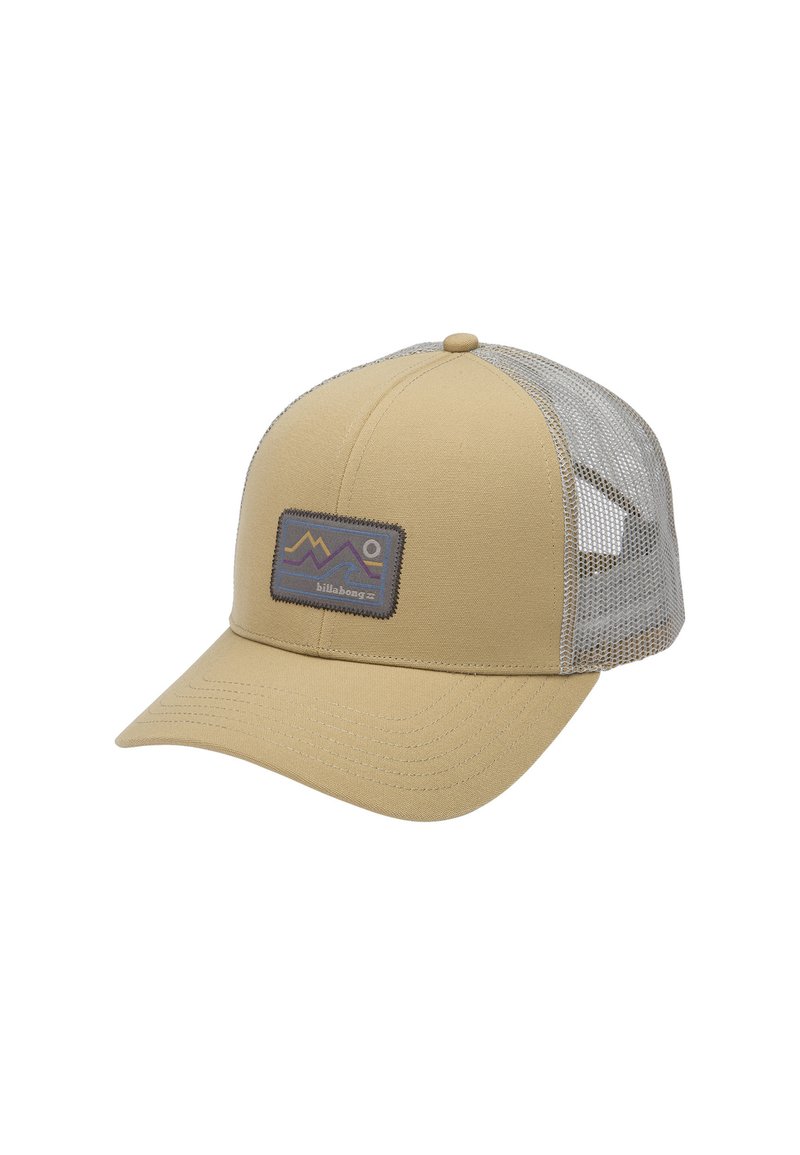 Khaki baseball cap with a curved brim; mesh back; centered patch featuring colorful mountain design and brand logo.