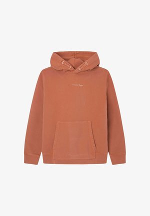 Sweat à capuche couleur rouille avec poche ventrale avant et petit texte blanc imprimé centré sur la poitrine.