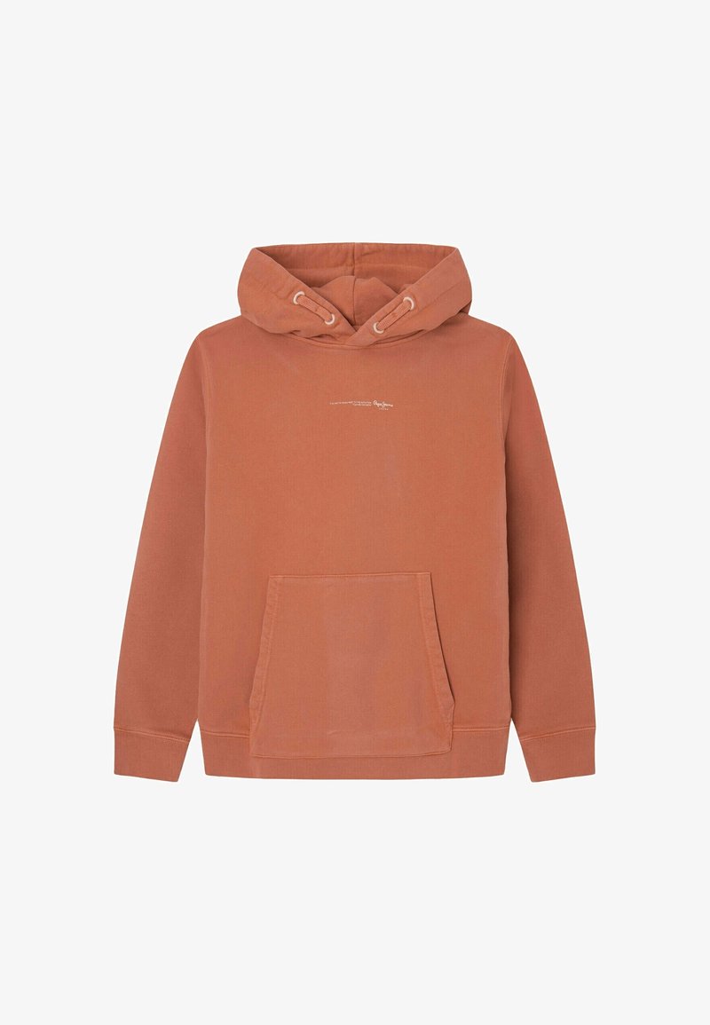Sweat à capuche couleur rouille avec poche ventrale avant et petit texte blanc imprimé centré sur la poitrine.