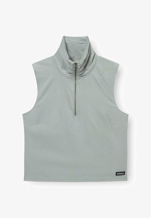 Hellgraues ärmelloses Oberteil mit hohem Kragen und halbem Reißverschluss, gefertigt aus glattem Stoff. Verfügt über Seitennähte und ein kleines Logo-Tag.