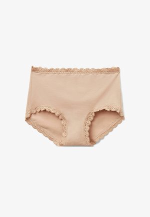 Ropa interior hipster de algodón beige con borde de encaje con forma de ondas alrededor de la cintura y las aberturas de las piernas, con una textura suave y bordes elásticos.